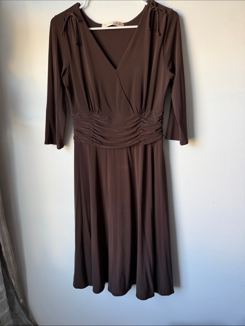 Long Sleeve V-Neck Brown Ruched Waist Midi Dress
